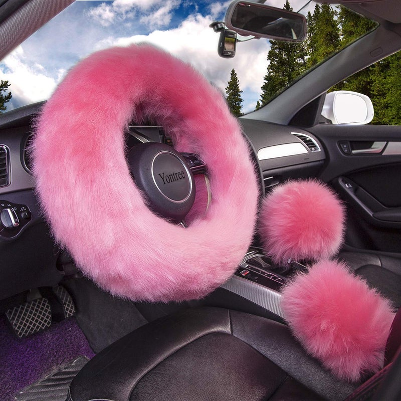 Yontree Cute Fluffy Steering Wheel Covers for Women/Girls/Ladies Australia Pure Wool 15 Inch1 Set 3 Pcs (Pink) - Image 1